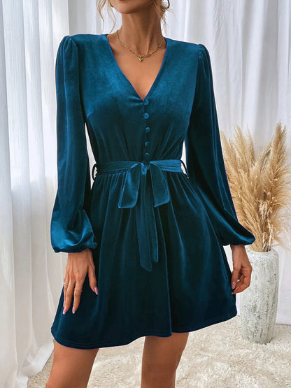 Velvet Tie Waist Mini Dress