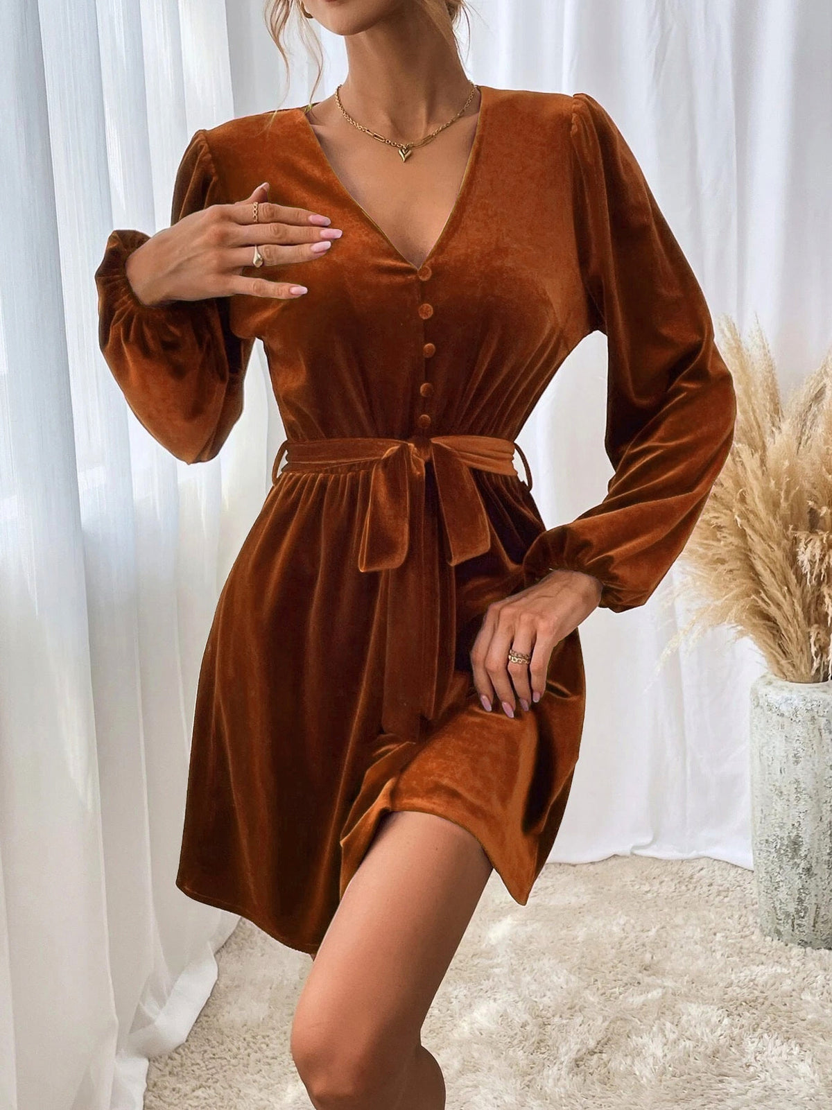Velvet Tie Waist Mini Dress