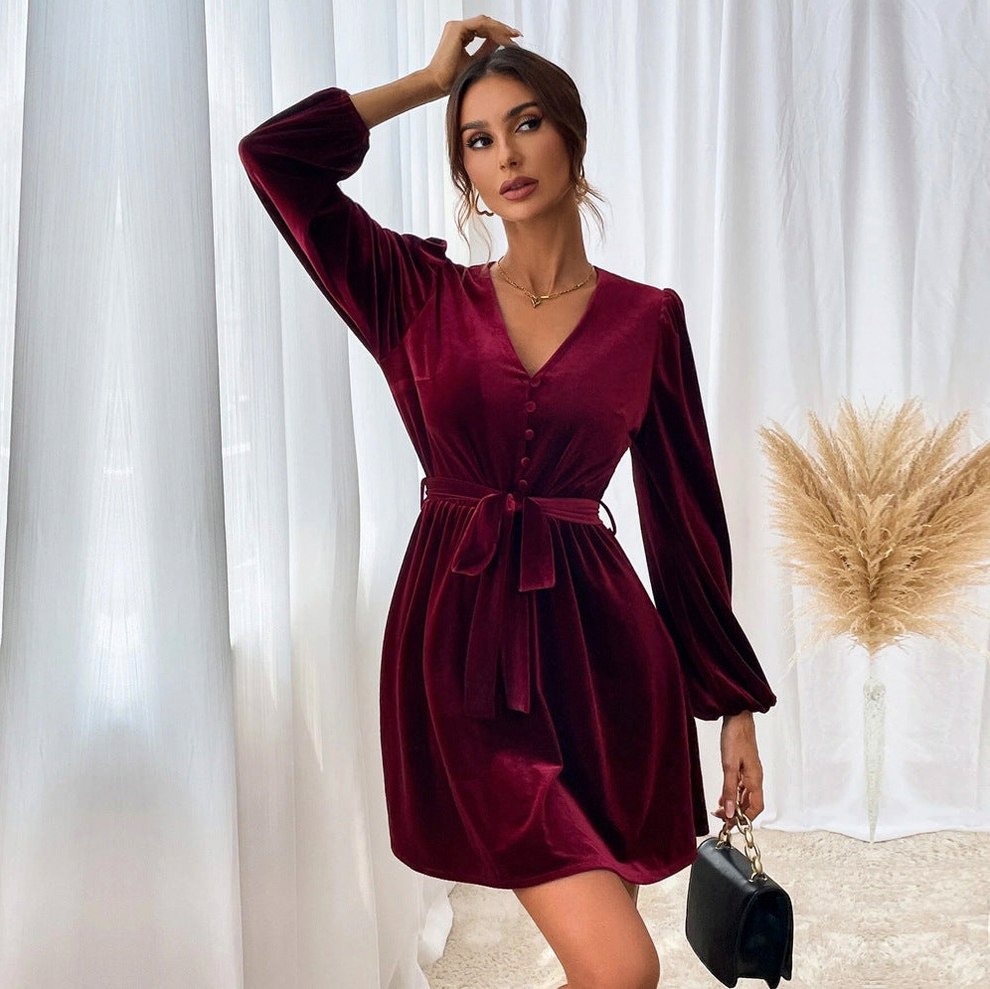Velvet Tie Waist Mini Dress