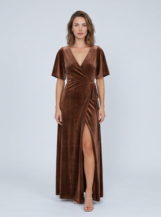 Velvet Wrap Flutter Sleeve Maxi