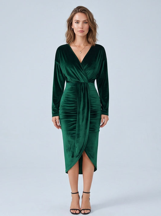 Velvet Wrap Long Sleeve Midi Dress