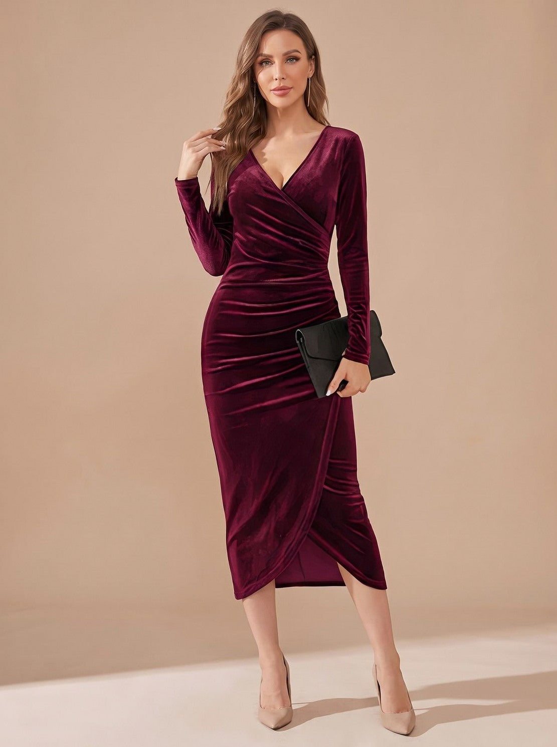 Velvet Wrap Long Sleeve Midi Dress