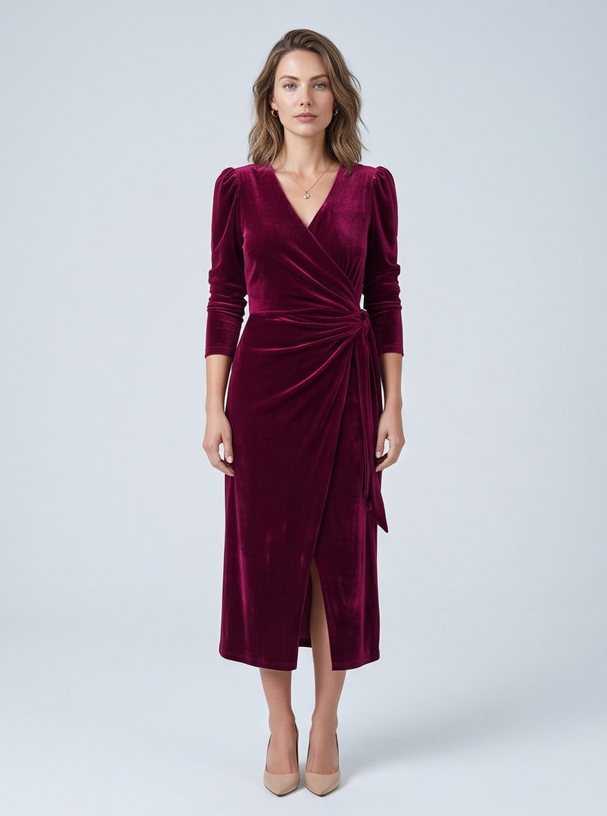 Velvet Wrap Midi Dress