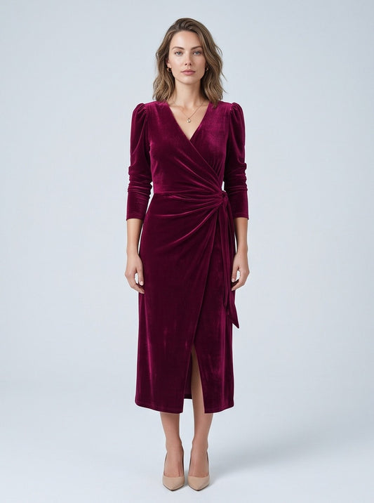 Velvet Wrap Midi Dress