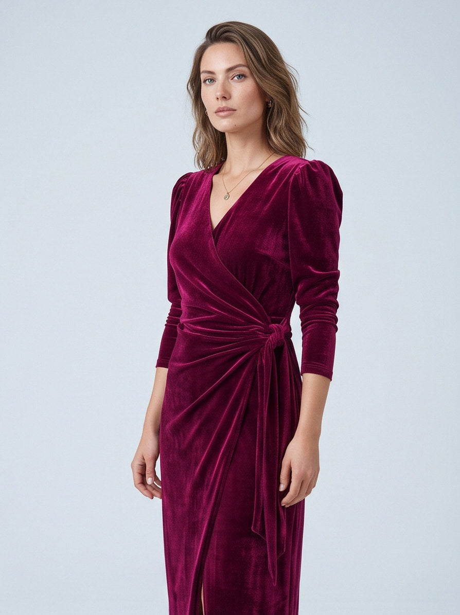 Velvet Wrap Midi Dress