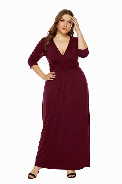 3/4 Sleeve Wrap Pleated Maxi Dress